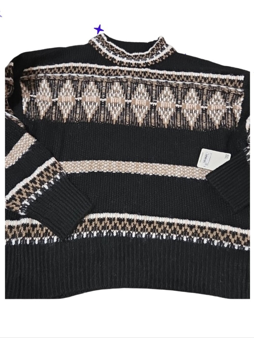 New A.n.a jcpenney Black Crewneck Sweater with Tan and White Fair Isle Pattern